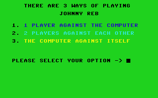 Johnny Reb (Commodore 64) screenshot: Player options - the Commodore version can play against itself