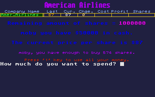 Stock Market: The Game (Atari ST) screenshot: Flying is the future! So I better participate at it