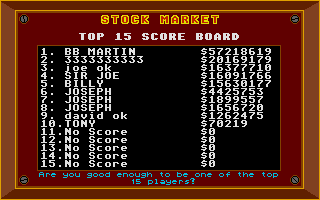 Stock Market: The Game (Atari ST) screenshot: High-score table
