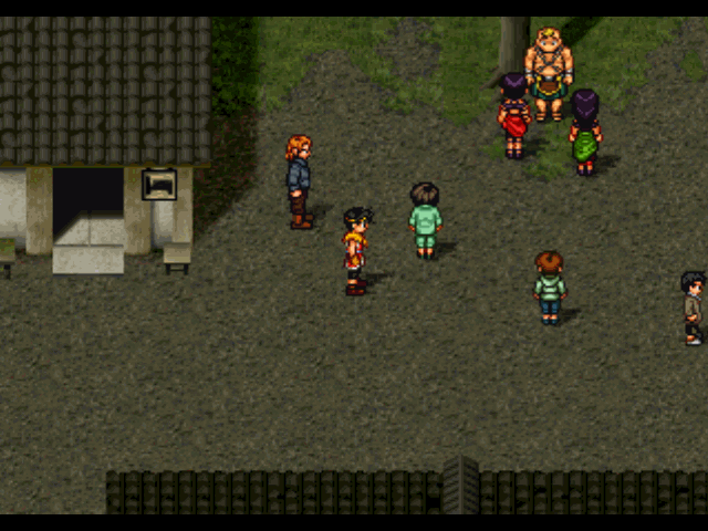 Suikoden II (PlayStation) screenshot: A village. Bolgan and his two charming sisters are ready to perform a circus show