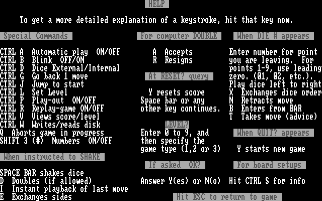 Backgammon 5.0 (PC Booter) screenshot: Help! (CGA)