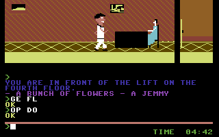 Grand Larceny (Commodore 64) screenshot: Approaching a secretary.