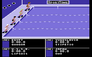 International Team Sports (Commodore 64) screenshot: 4x100m Swimming Relay.