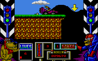 Wacky Races (Atari ST) screenshot: If ever there is an arrow it should be considered, else jumps in the void are inevitable