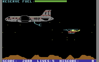 Chopper (Commodore 64) screenshot: Re-fuelling time.