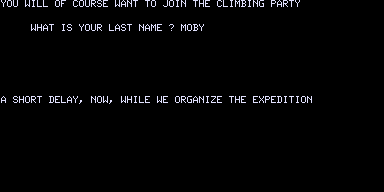 Everest Explorer (TRS-80) screenshot: Last name?