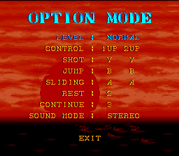 Sunset Riders (SNES) screenshot: Options. Choose difficulty, number of lives, continues etc.