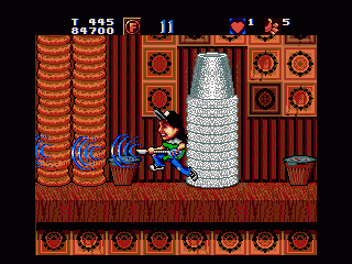 Wayne's World (Genesis) screenshot: Large attacking waves with a power-up