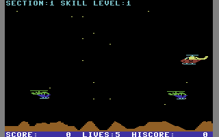 Chopper (Commodore 64) screenshot: Helicopters to shoot.