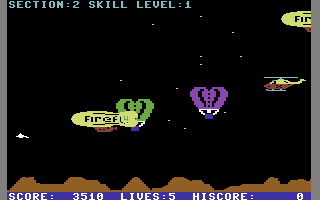 Chopper (Commodore 64) screenshot: Avoid the balloons.