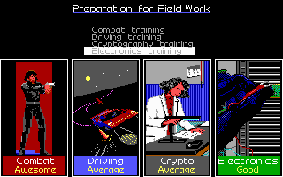 Sid Meier's Covert Action (DOS) screenshot: You can increase your skill in one or more areas. A high skill will make in-game tasks easier.