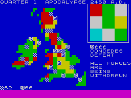 Apocalypse (ZX Spectrum) screenshot: Territories on map with player's icons