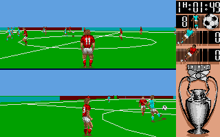 I Play: 3-D Soccer (Atari ST) screenshot: Two player split-screen match