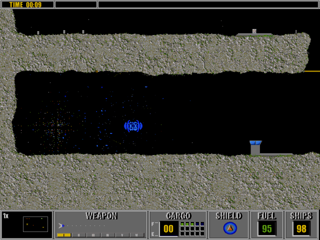 Gravity Force (DOS) screenshot: Another level in practice mode; the ship has hit an enemy and both have exploded.