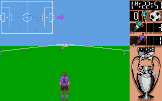 I Play: 3-D Soccer (Atari ST) screenshot: Adjusting the camera settings. Please note it's only the camera, and although the sprite seems far away, it's still standing in the center of the field!