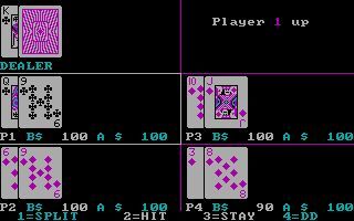 Big Blue Disk #31 (DOS) screenshot: A four player game in progress. Players take turns in playing their hands, i.e. Player Two cannot play until Player One stays.