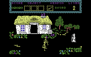 The Curse of Sherwood (Commodore 64) screenshot: Skeletons outside a house.