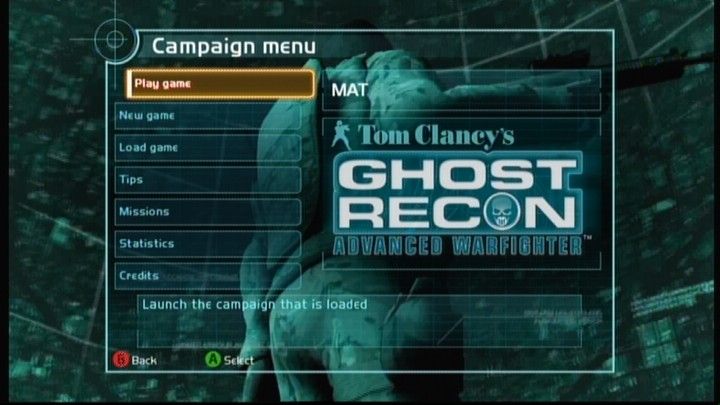 Tom Clancy's Ghost Recon: Advanced Warfighter (Xbox 360) screenshot: Campaign menu