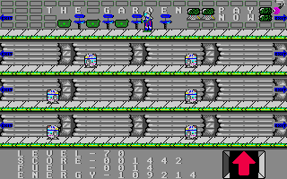 Space Station (Atari ST) screenshot: A huge collection of ammunition boxes. I think the robots below will soon are switched off