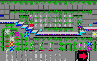 Space Station (Atari ST) screenshot: Deeper in the station there is a flower lab. I will not cut anything of course, but maybe shoot it?