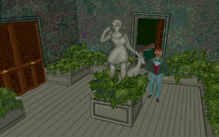 Alone in the Dark (DOS) screenshot: Edward is relaxing in the garden, admiring the statues. This is definitely one of the brightest, most peaceful scenes in the game