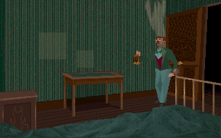 Alone in the Dark (DOS) screenshot: Some rooms are dark (hence the need for an oil lamp). And you are alone. That's how the game got its title, see?