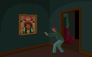 Alone in the Dark (DOS) screenshot: Pulling out your revolver at the strange painting... Relax, Ed - it's okay now...