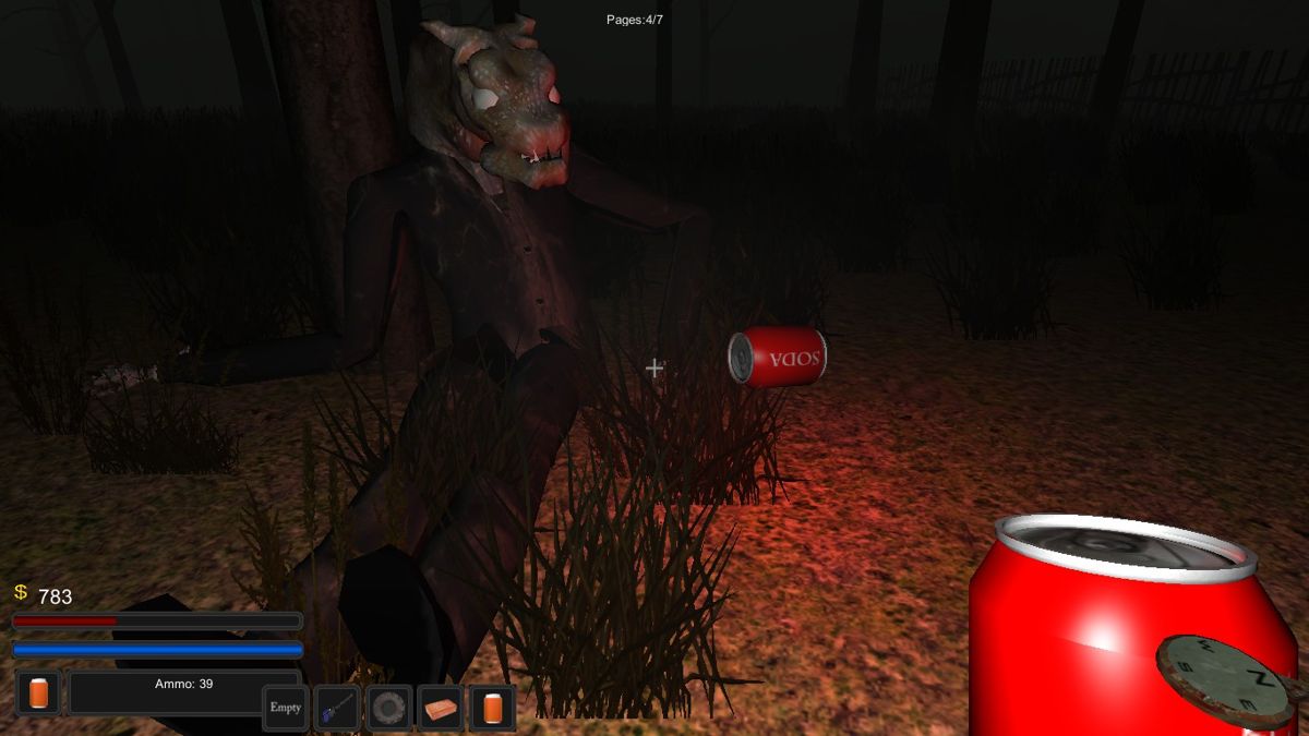 Lost in a Forest (Windows) screenshot: I just killed this camel headed Slender Man(?) thing with a can of soda....
