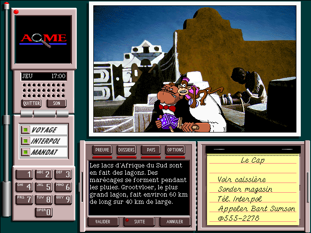 Where in the World is Carmen Sandiego? (CD-ROM) (Windows) screenshot: You sometimes see VILE henchmen when travelling to a destination the suspect has visited. (French)