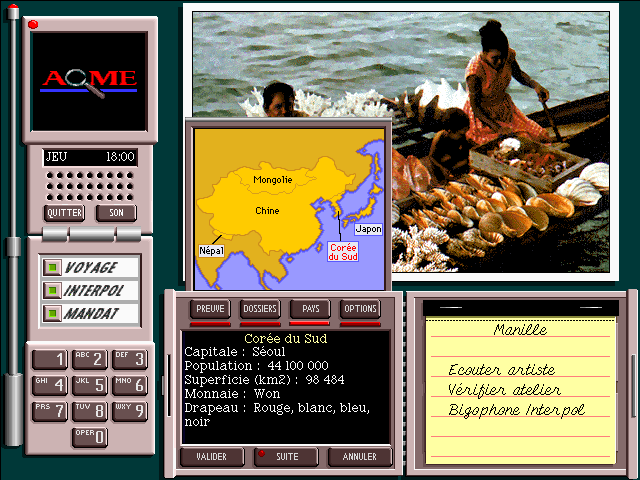 Where in the World is Carmen Sandiego? (CD-ROM) (Windows) screenshot: The game also provides information about countries, here South Korea. (French)