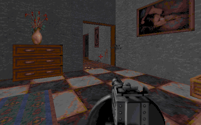 Blood (DOS) screenshot: One of the indoor levels of the third episode. Note the very detailed art on the wall