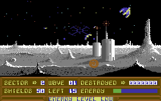 Ciphoid 9 (Commodore 64) screenshot: Blast the aliens.