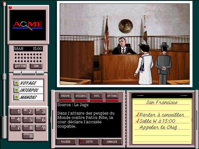 Where in the World is Carmen Sandiego? (CD-ROM) (Windows) screenshot: The suspect is convicted and soon behind bars. Case closed! (French)