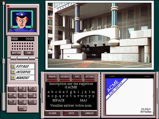 Where in the World is Carmen Sandiego? (CD-ROM) (Windows) screenshot: Welcome to the ACME Detective Agency! Please enter your name (this also doubles as the progress saving/loading system). (French)