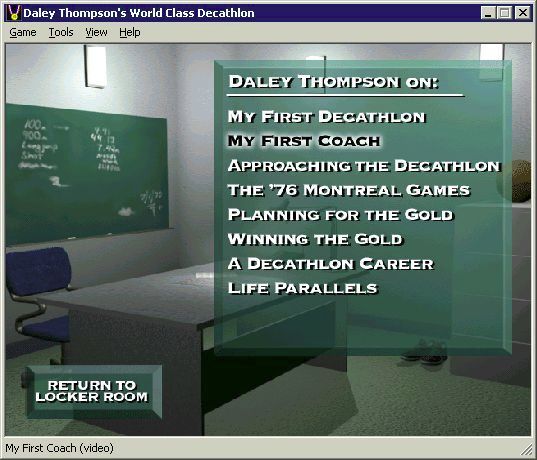 Bruce Jenner's World Class Decathlon (Windows) screenshot: This is what the game's Coaching option is all about. Each of these headings triggers a video clip featuring Daley