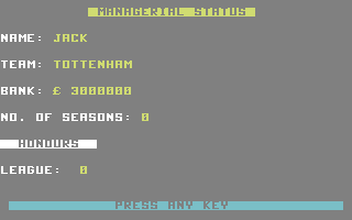 British Super League (Commodore 64) screenshot: Your status.