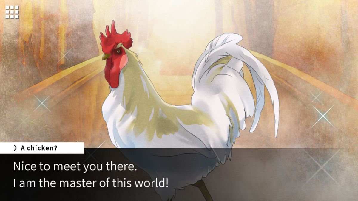 CATharsis (Windows) screenshot: So we're in the world of a chicken god? <br>Whenever the character goes to sleep they end up back at this bridge talking to the chicken who can answer questions<br><br>Demo version