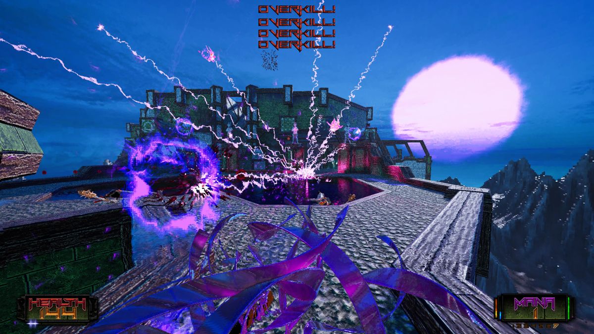 Amid Evil (Windows) screenshot: The Aeturnum weapon targets many enemies at once.