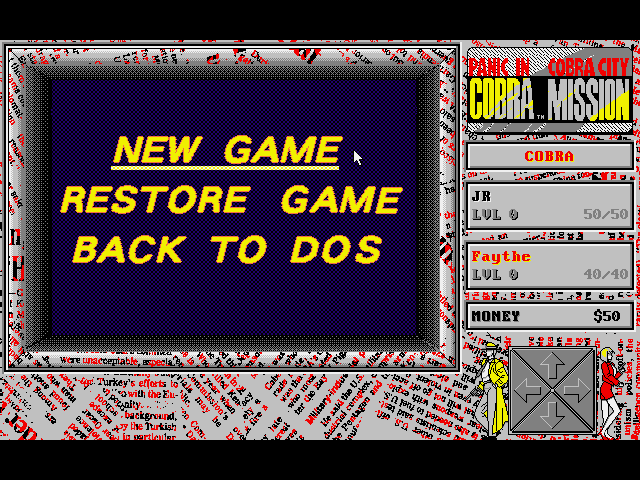 Cobra Mission (DOS) screenshot: Main starting menu