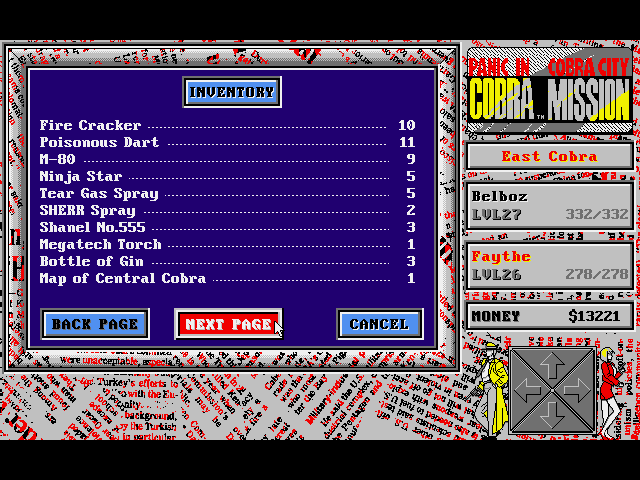 Cobra Mission (DOS) screenshot: Character inventory