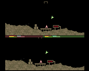 TurboRaketti (Amiga) screenshot: Likvidius: Red is a sitting duck at the refueling station