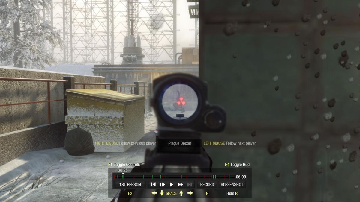 Call of Duty: Black Ops (Windows) screenshot: My first kill! I have a custom reticule, which is why my lens has a nuke symbol. Also notice the controls; you can view games you played in the theater.