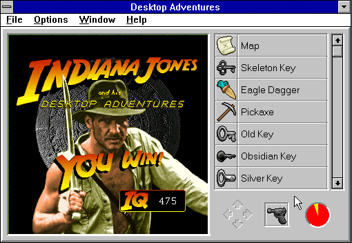 Indiana Jones and his Desktop Adventures (Windows 3.x) screenshot: Your final score (Indy Quotient) is based on the combat/speed/world size settings.