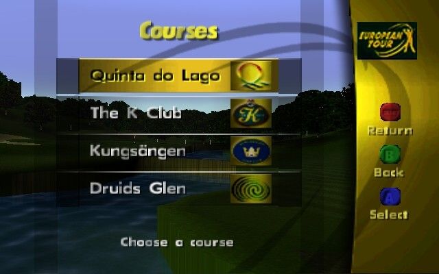 PGA European Tour Golf (Nintendo 64) screenshot: A list of the courses to choose from.