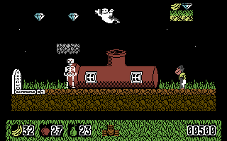 Bangers & Mash (Commodore 64) screenshot: In a cemetery.