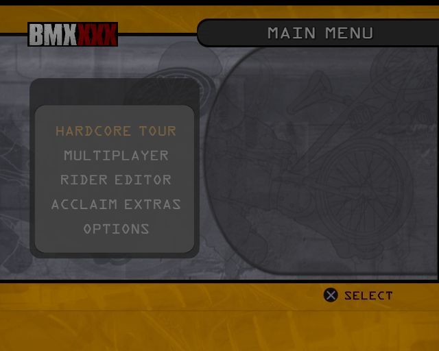 BMX XXX (PlayStation 2) screenshot: The game's menu