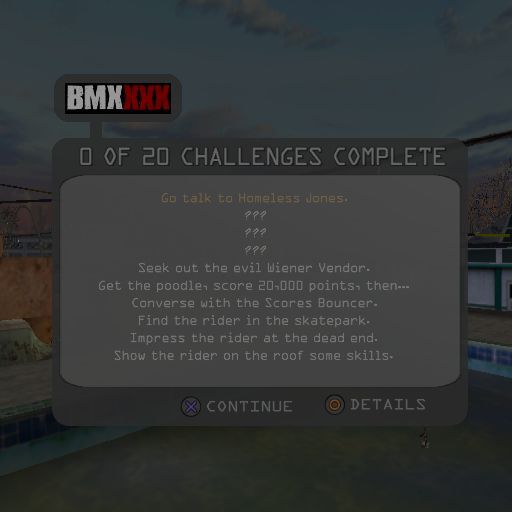BMX XXX (PlayStation 2) screenshot: The first level is set in the Bronx. These are the initial challenges the player must complete