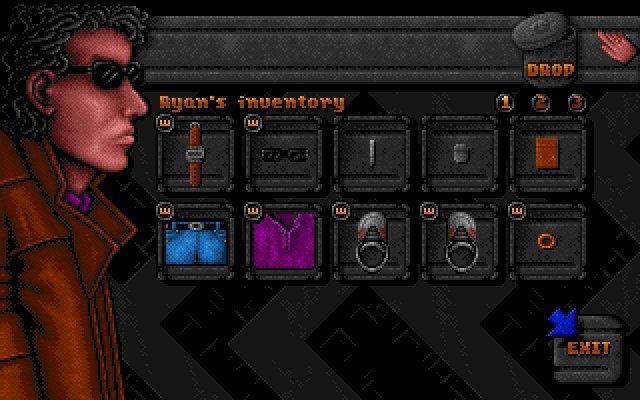 DreamWeb (DOS) screenshot: The inventory... even clothes are displayed
