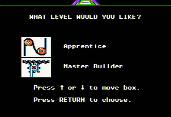 Creative Contraptions (Apple II) screenshot: Fill in the mechanism: select a level