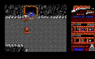 Indiana Jones and the Temple of Doom (DOS) screenshot: Escape with the mine cart. (EGA)